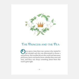 Page from a book titled 'The Princess and the Pea' with a decorative title design and text.