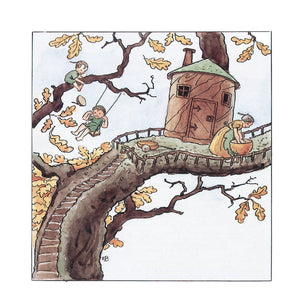 Illustration of a treehouse with children playing on a swing and a ladder.