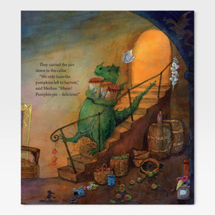 Illustration of a dragon descending stairs with pumpkins, surrounded by harvest items.