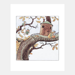Illustration of a treehouse with children playing on a white background