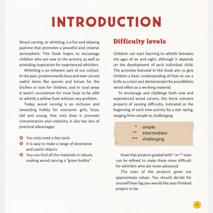 Introduction page about wood carving with difficulty level explanation
