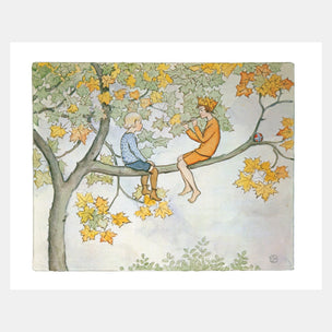 Illustration of two people sitting on a tree branch with autumn leaves.
