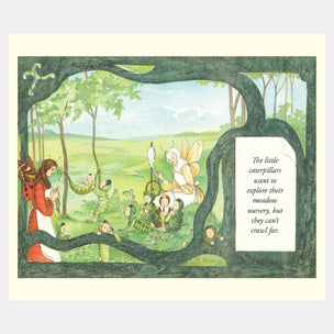 Illustration of fairies and caterpillars in a forest setting with text.
