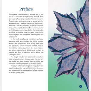 Book page with text and a colorful tissue paper star design on a green background