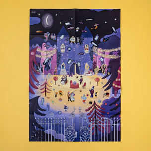 Illustration of a magical castle scene with characters and festive decorations on a yellow background