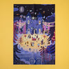 Illustration of a magical castle scene with characters and festive decorations on a yellow background