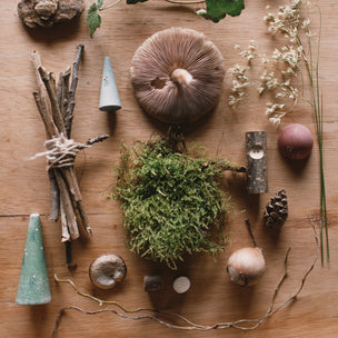 Grapat Avent Calendar 2025 Collection of natural elements including plants, stones, and conifer cones on a wooden surface.