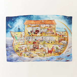 Colorful illustration of Noah's Ark with various animals on a blue background
