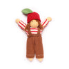 Toy figure wearing a red hat, striped shirt, and brown overalls on a white background