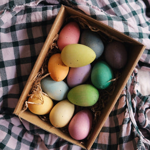 Set of 12 wooden eggs painted in various colours made by Grapat and called Happy Eggs | Conscious Craft
