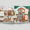 Illustrated Christmas book open to a page with festive scenes and text on a white background
