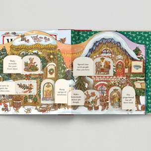 Illustrated Christmas scene with gingerbread house and festive activities on a gray background