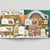 Illustrated Christmas scene with gingerbread house and festive activities on a gray background