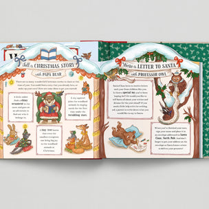 Illustrated book open to a Christmas-themed page with Santa Claus and animals.