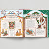 Illustrated book open to a Christmas-themed page with Santa Claus and animals.