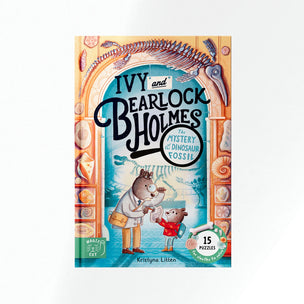 Book cover of 'Ivy and Bearlock Holmes: The Mystery of Dinosaur Fossils' with illustrations of a bear and a girl.