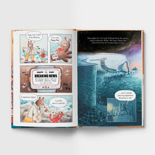 Open book with illustrated pages featuring a bear character and space-themed images.