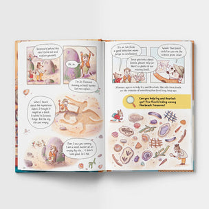 Open book with illustrations and text on a white background