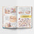 Open book with illustrations and text on a white background