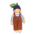 Doll wearing a blue hat, striped shirt, and brown overalls on a white background