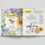 Open book with illustrations of flowers and bees on a white background