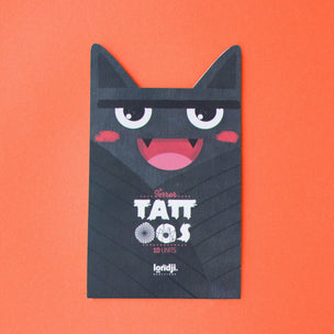 Londji Black cat-shaped tattoo sheet with 'Tatt Ops' branding on an orange background