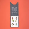 Cat-shaped product with text and illustrations on a red background