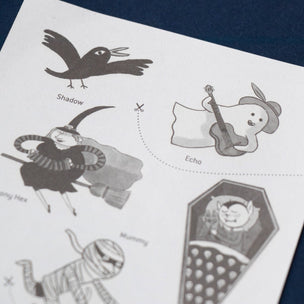 Sheet of black and white illustrations on a blue background