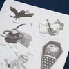 Sheet of black and white illustrations on a blue background