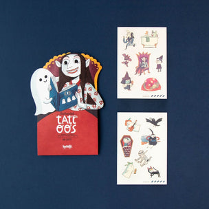 Tattoo book with ghost design on a blue background