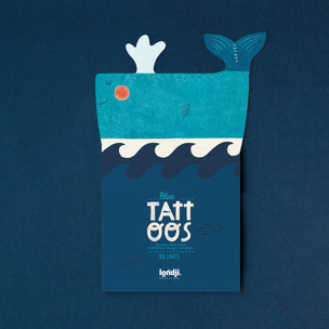 Packaging of Blue Tattoos temporary tattoos with a whale design on a blue background.