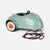A retro-style pedal toy car in mint green with white wheels, orange centers, a black steering wheel, and a brown pull cord, shown on a light gray background.