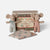 A baby toy set featuring two plush mouse dolls, one in light blue and one in pink gingham, standing in front of a wooden box labeled 'The Match Factory Baby Twins Safety Matches', with a matching floral cushion in front on a light gray background.