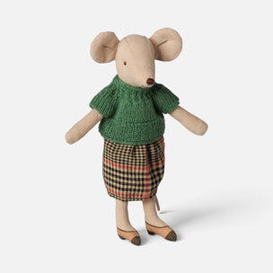A plush Maileg mouse doll with beige fabric body and ears, wearing a green knitted sweater and a red, black, and beige plaid skirt, standing against a light gray background.