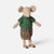 A plush Maileg mouse doll with beige fabric body and ears, wearing a green knitted sweater and a red, black, and beige plaid skirt, standing against a light gray background.