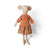 A plush Maileg mouse doll with beige fabric body and ears, wearing a knitted rust-orange sweater and a patterned brown skirt, standing against a plain white background.