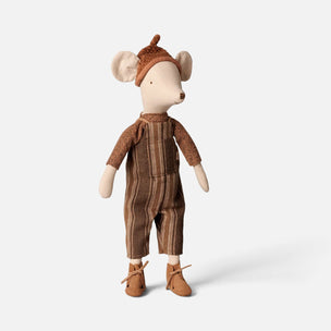 A plush Maileg mouse doll wearing brown striped overalls, a matching knit hat, and small brown shoes, photographed against a clean light gray studio background.