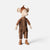 A plush Maileg mouse doll wearing brown striped overalls, a matching knit hat, and small brown shoes, photographed against a clean light gray studio background.
