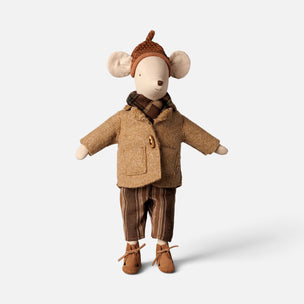 A plush Maileg mouse doll dressed in autumn clothing, featuring a brown tweed jacket, striped brown pants, a plaid scarf, and an acorn hat, set against a plain light gray background.