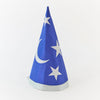 Blue wizard hat with white stars and a moon on a white background