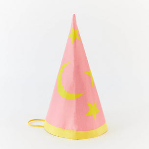 Sarah's Silks Pink party hat with yellow stars and a crescent moon on a white background