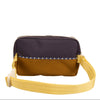 Crossbody bag with a yellow strap on a white background