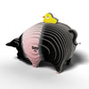 Craft toy pig with a yellow duck on its back on a white background