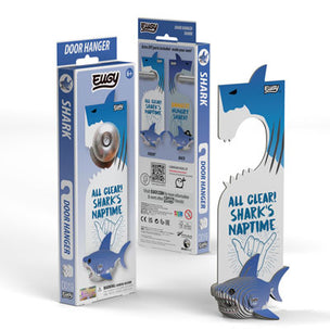 Eugy shark door hanger with packaging on a white background