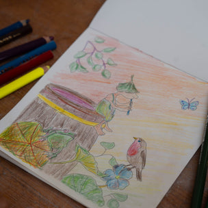 Colorful drawing of a garden scene with flowers, a bird, and a butterfly on a wooden surface with colored pencils.