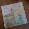 Colorful drawing of a bird and barrel on a wooden surface with a lit candle.
