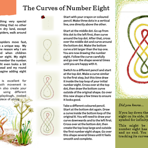 Page from a book teaching how to draw the number eight with a spider illustration on the left.