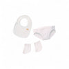 Baby bib, shorts, and socks set on a white background