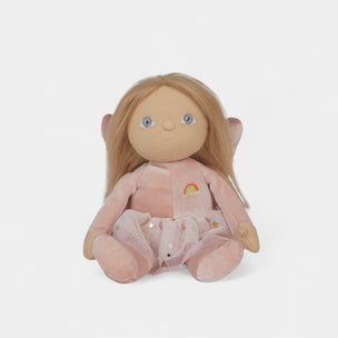 Plush toy fairy with blonde hair and blue eyes on a light gray background