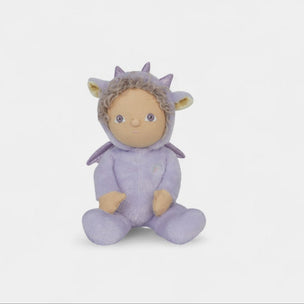 Stuffed toy dragon in a purple costume on a white background